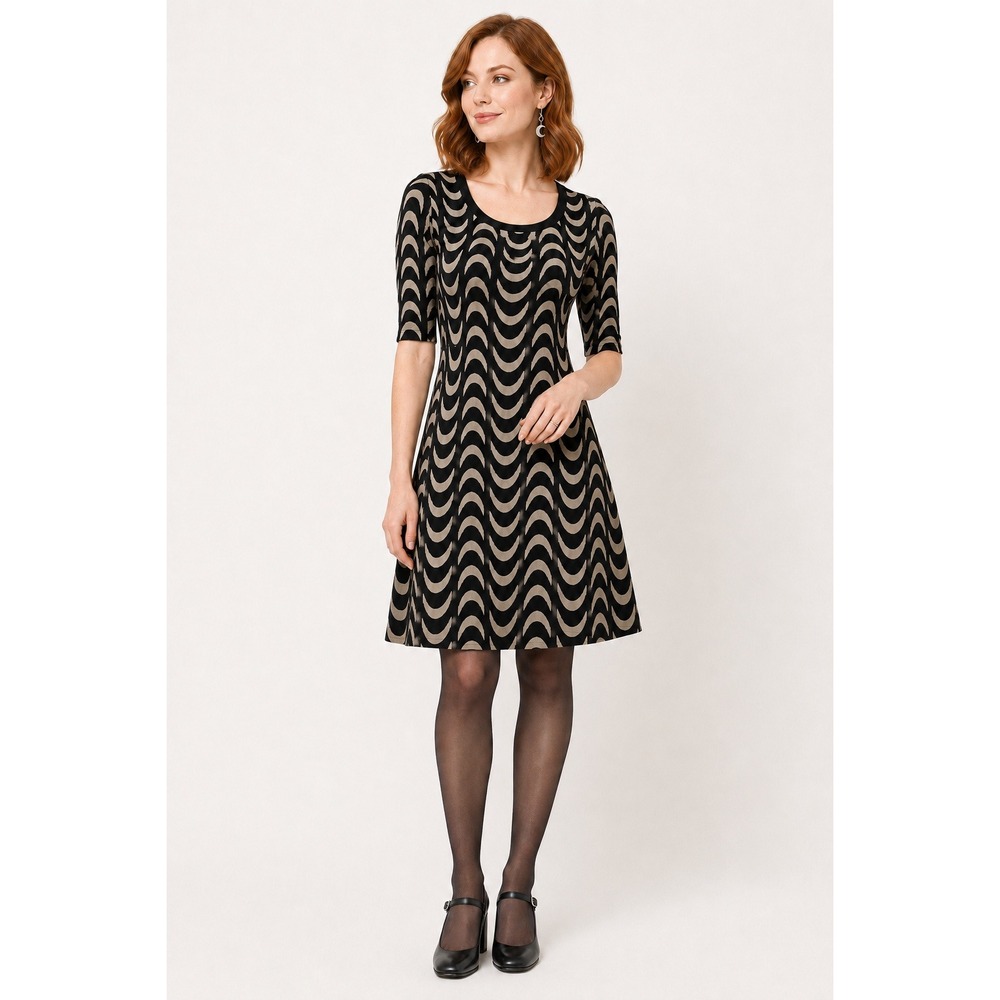 Black Tan Crescent Moon Knit Fit Flare Sweater Dress S Celestial Lunar Artsy